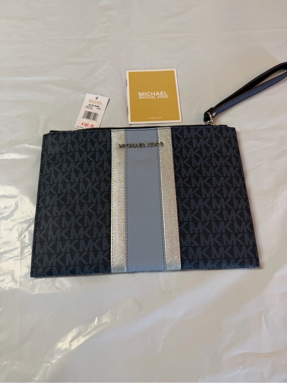 Michael Kors Navy with Gray & Silver Center Stripe Wristlet Pouch